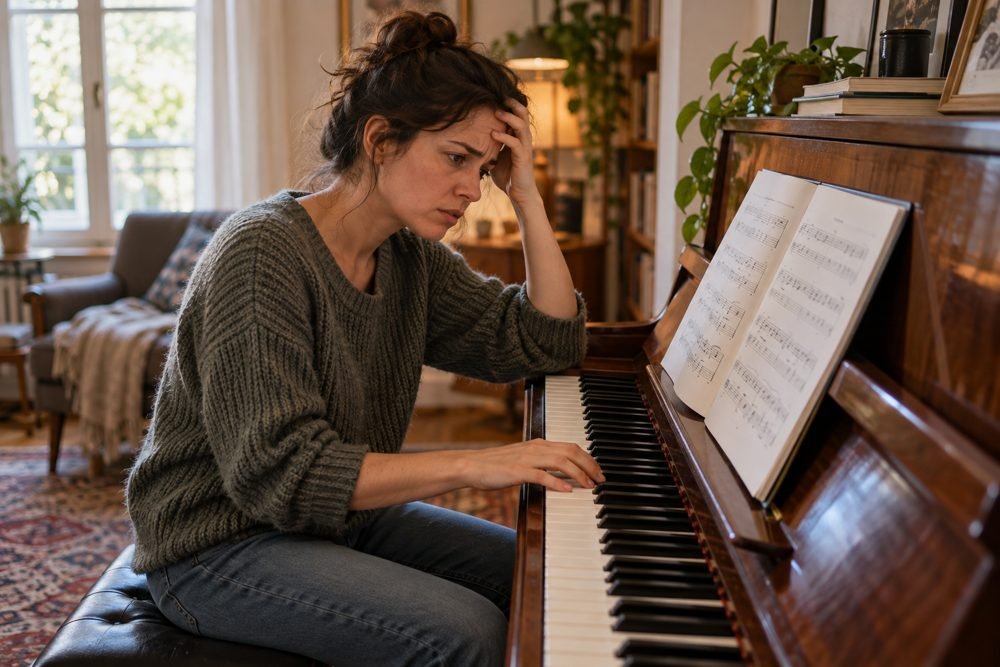 Mulher frustrada com a mão na testa tentando tocar piano com uma partitura aberta